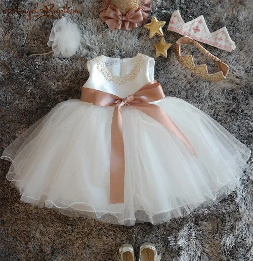 

Bling Beaded Flower Girl Dress Infant newborn christening dress baptism gown baby Birthday Dress 1 Year princess with hat sash