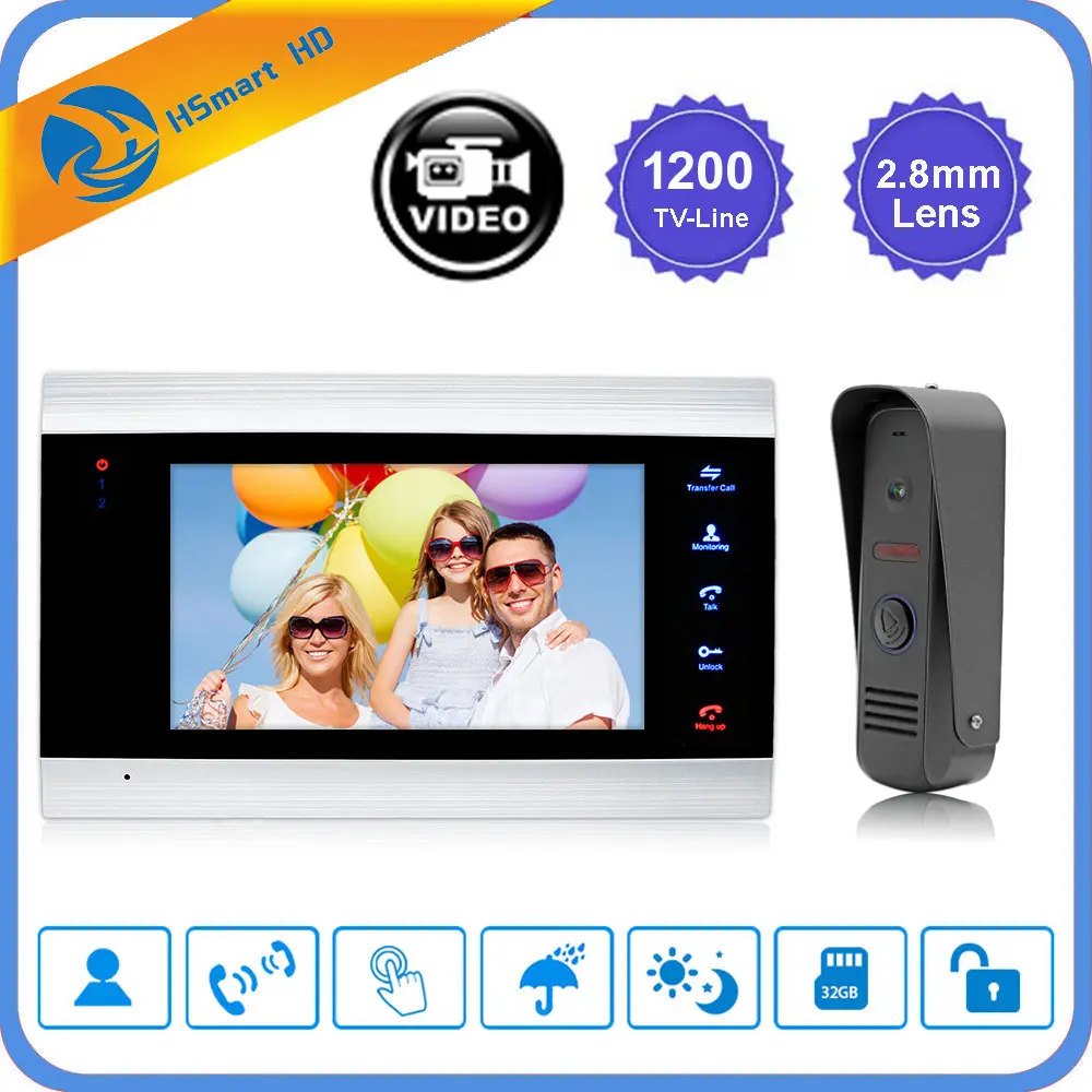 7" LCD Monitor Video Doorbell 1200TVL HD IR Waterproof Camera Doorphone Motion Detection SD card Video Recorder Intercom System
7" LCD Monitor Video Doorbell 1200TVL HD IR Waterproof Camera Doorphone Motion Detection SD card Video Recorder Intercom System