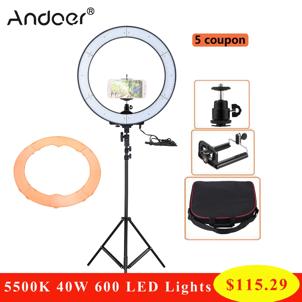 Andoer LA-650D 5500K 40W Ring Lamp LED Studio Ring Light 600 LED Lights Photographic Lighting w/ Studio Light Stand Phone Holder
Andoer LA-650D 5500K 40W Ring Lamp LED Studio Ring Light 600 LED Lights Photographic Lighting w/ Studio Light Stand Phone Holder