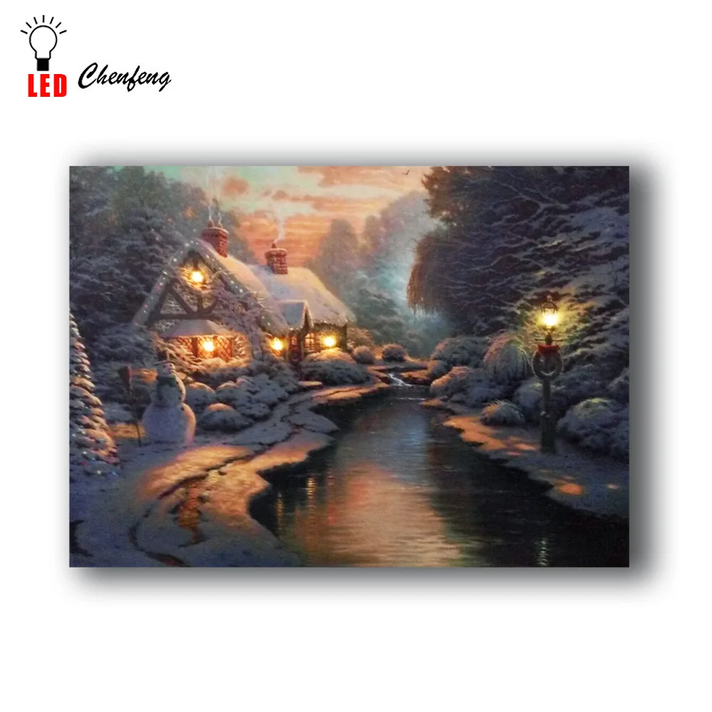 Рождественский зимний Снежный ночной домик с рекой художественное произведение
