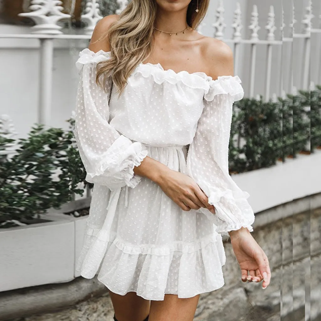 Womens Mini Dresses Off Shoulder Pure Color Long Sleeves Ruffles Wave Point party dress women summer dress 2019 Sukienki Damskie
Womens Mini Dresses Off Shoulder Pure Color Long Sleeves Ruffles Wave Point party dress women summer dress 2019 Sukienki Damskie