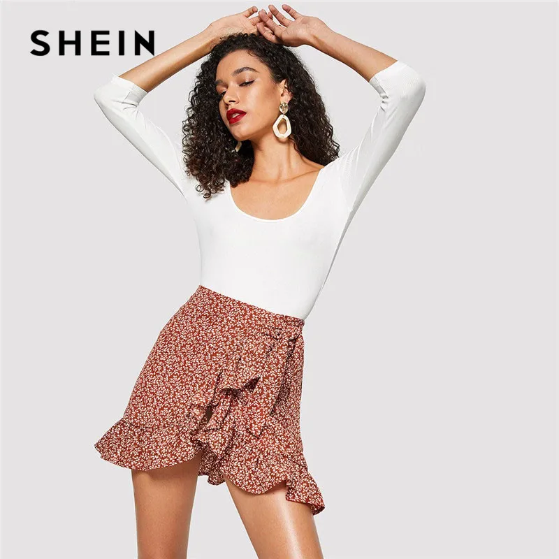 SHEIN современная Женская разноцветная ассиметричная юбка с оборками на подоле