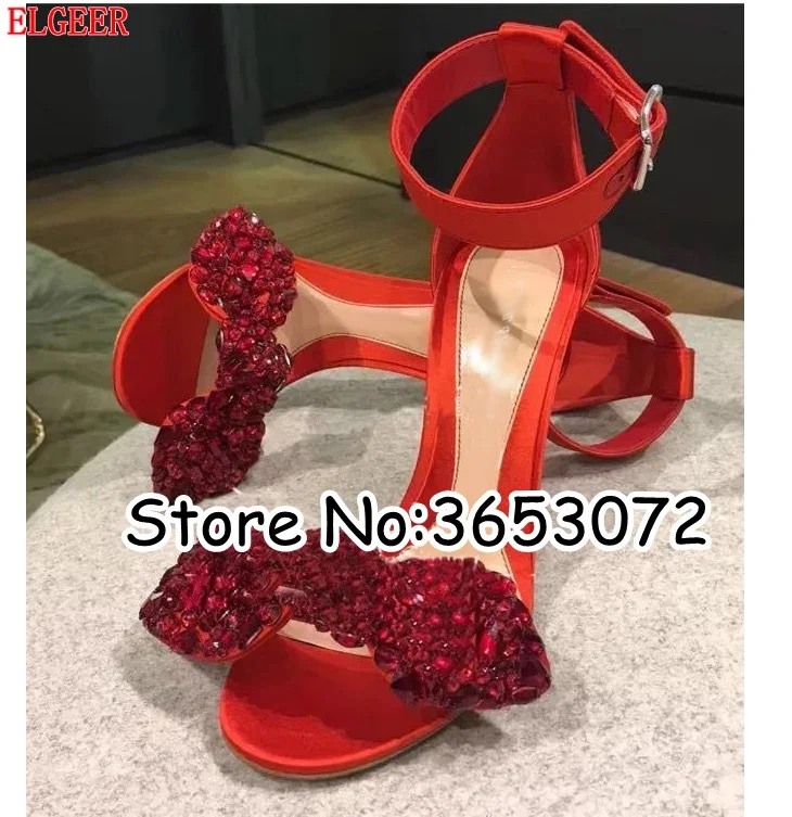 Фото Pink Red Black Bling Rhinestone Bowtie Women Open Toe Sandals Ankle Wrap Dress Stiltto Pumps Shoes Crystal Lady High Heels | Обувь