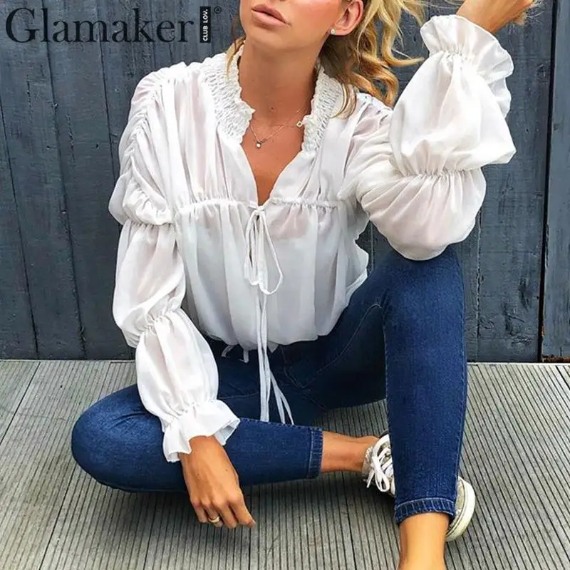 Glamaker Sexy lace up chiffon blouse ladies shirt Summer autumn elegant ruffles sleeve pleated white shirt Office blouse shirt
Glamaker Sexy lace up chiffon blouse ladies shirt Summer autumn elegant ruffles sleeve pleated white shirt Office blouse shirt