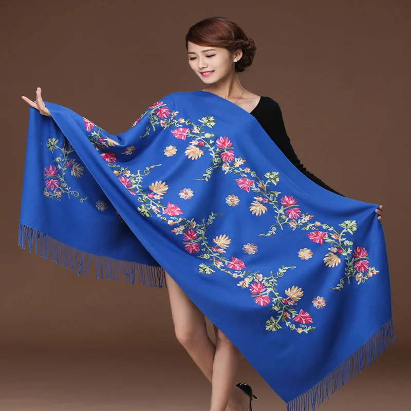 Черный кашемировый шарф Пашмина с вышитыми цветами для женщин зимний теплый