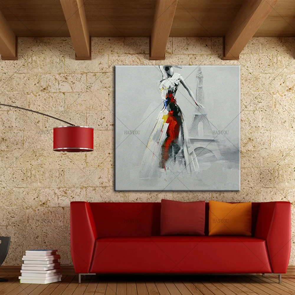 Pop-Art-Sexy-Lady-Dancing-in-Front-of-Eiffel-Tower-Oil-Painting-Modern-Knife-Painted-Painting