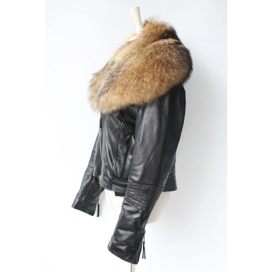 genuine sheepskin leather jacket with real big raccoon fur collar (3)