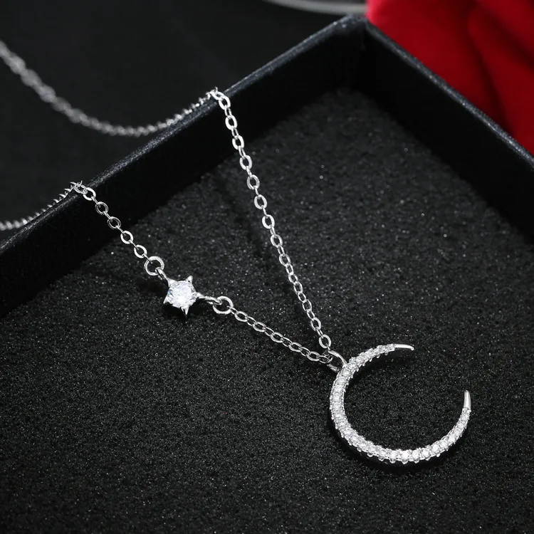 Фото Shunyun стерлингового серебра 925 Crystal Moon Star Цепочки и ожерелья КУЛОН Серебряная