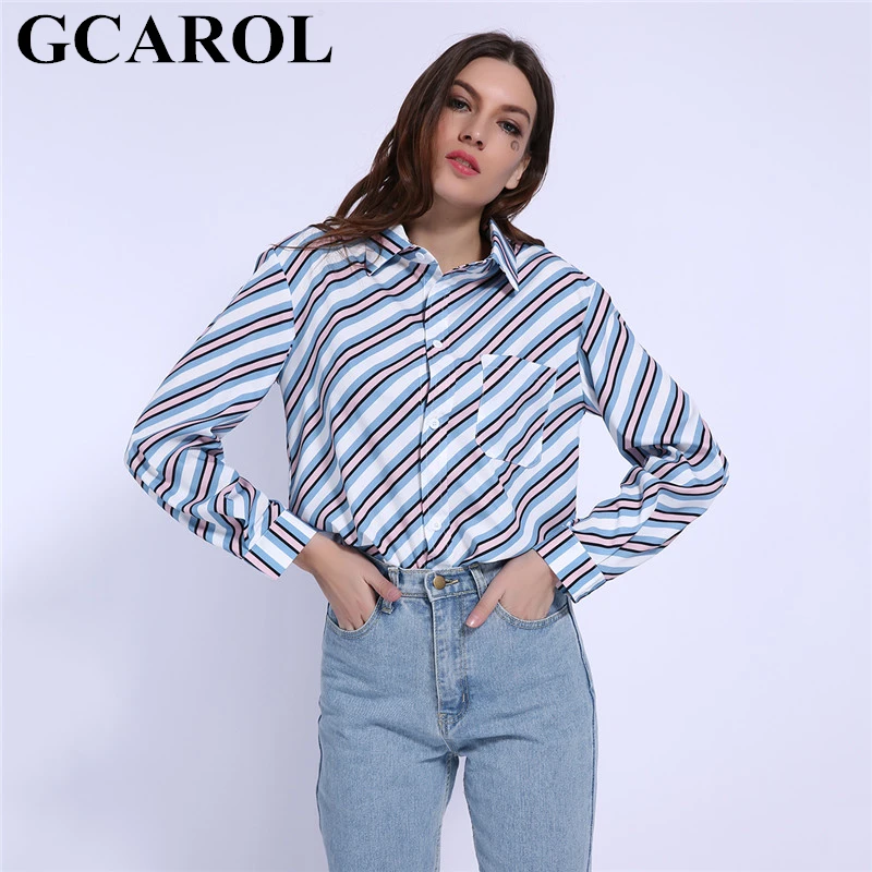 

GCAROL 2019 Early Spring Women Horizontal Strips Blouse OL Work Shirt Asymmetric Striped Contrasted Color Perfect Basics Tops