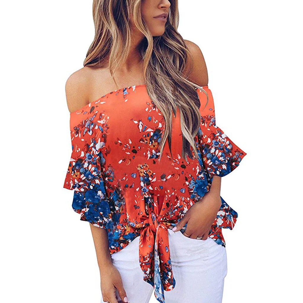 ISHOWTIENDA Women Cold Shoulder Blouse Floral Knot Tie Front Chiffon Shirt Flare Sleeve Tops Ladies Clothing Tunique Femme
ISHOWTIENDA Women Cold Shoulder Blouse Floral Knot Tie Front Chiffon Shirt Flare Sleeve Tops Ladies Clothing Tunique Femme