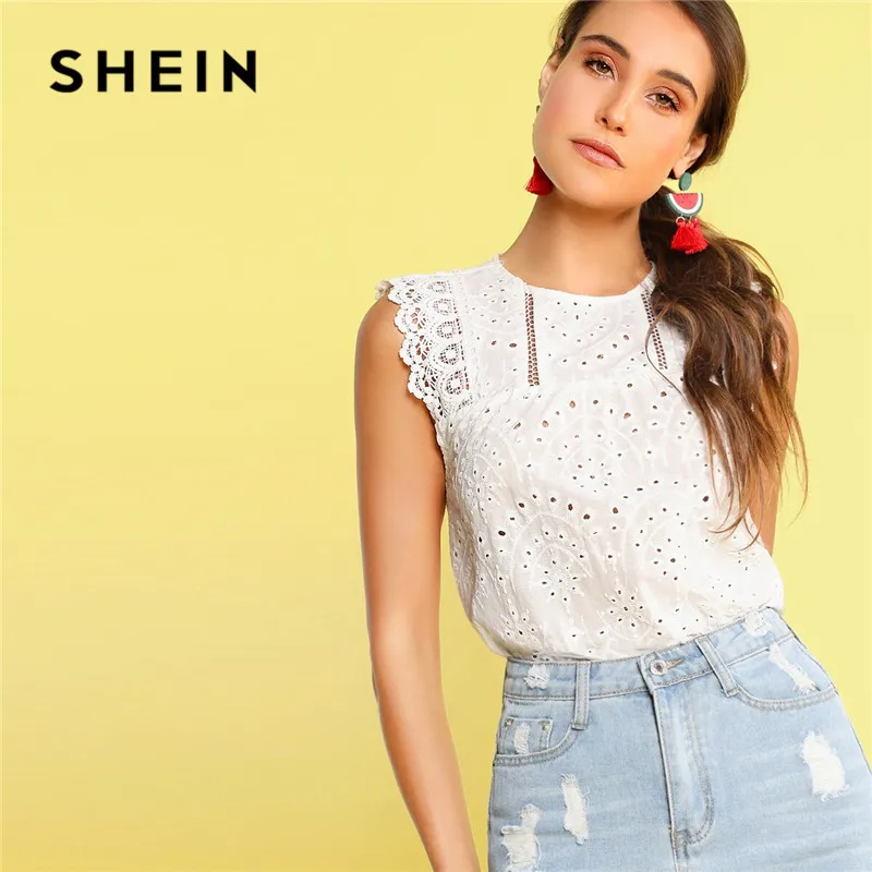 

SHEIN Scallop Hem Lace Insert Schiffy White Blouse Boho Cotton Sleeveless Ladies Tops Summer Solid Womens Tops And Blouses