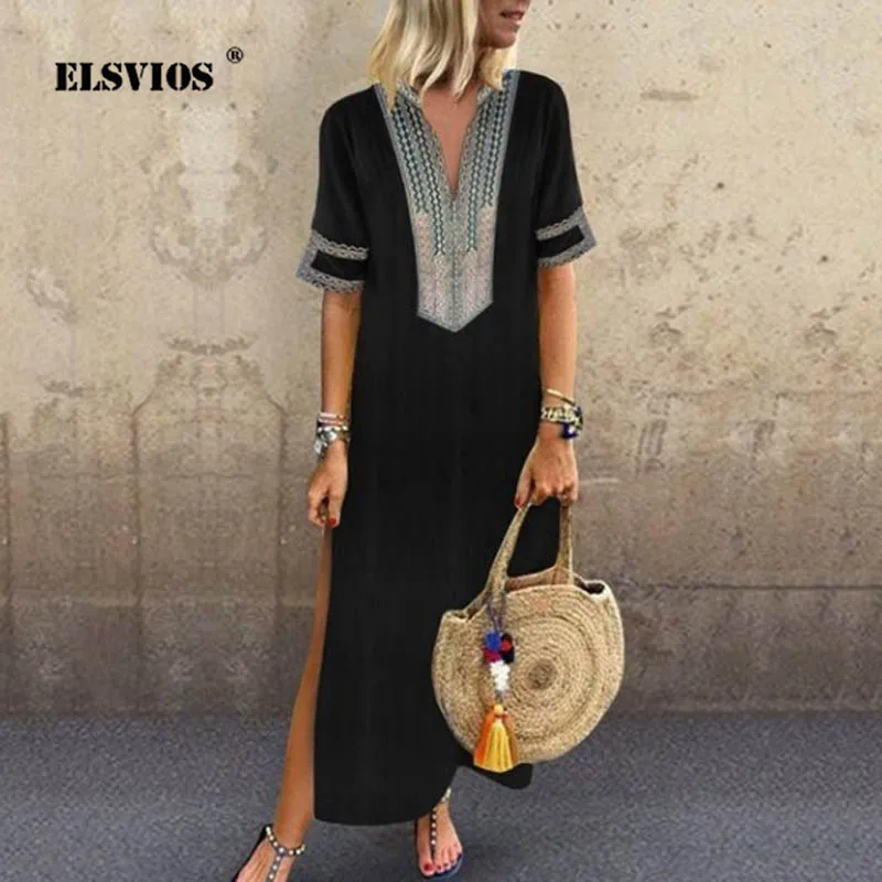 ELSVIOS 5XL Women Vintage print Loose dress 2019 summer Sexy V-Neck long beach Dress Ladies Split Hem Baggy Kaftan Long dresses
ELSVIOS 5XL Women Vintage print Loose dress 2019 summer Sexy V-Neck long beach Dress Ladies Split Hem Baggy Kaftan Long dresses