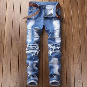 Spliced Fashion Ripped Slim Jeans for Men Retro Distressed Patchwork Biker Mens Jeans Casual Small Feet Blue Denim Jeans Male
Spliced Fashion Ripped Slim Jeans for Men Retro Distressed Patchwork Biker Mens Jeans Casual Small Feet Blue Denim Jeans Male