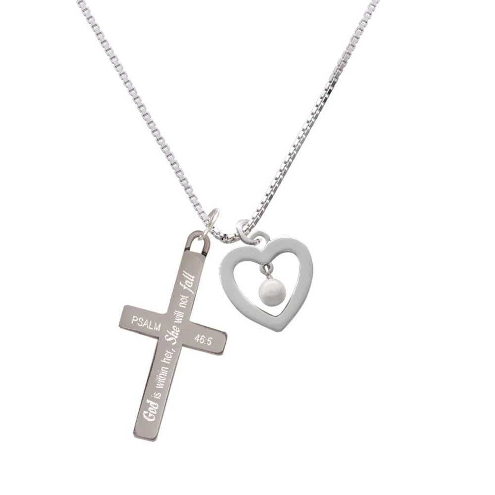 Open heart with Imitation Pearl Drop - She will not Fall - Cross Necklace