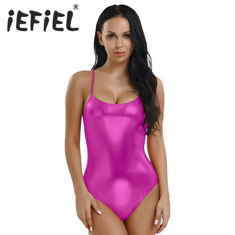 

iEFiEL Women Patent Leather One-piece Spaghetti Shoulder Straps Thong Leotard Ballet Dance Gymnastics Performance Practice Dress