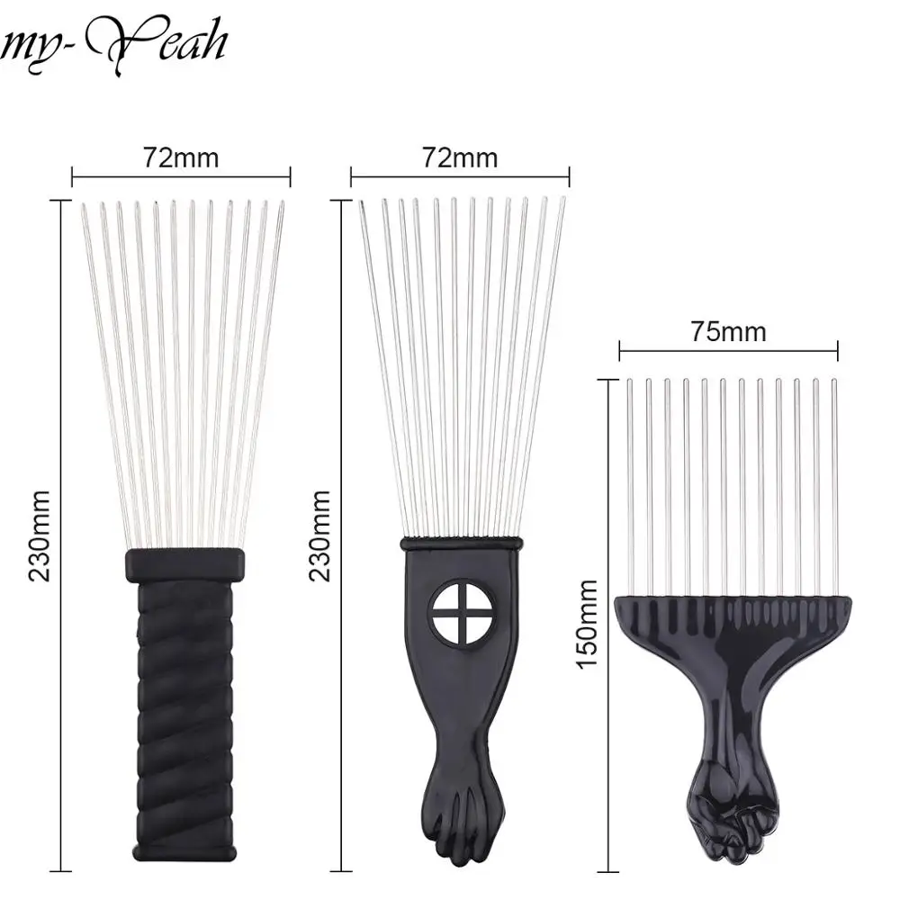 

Wide Teeth Metal Afro Comb Insert Curly Hairbrush Hair Fork Pick Comb Fist Shape Black Handle Hairdressing Brush Styling Tool