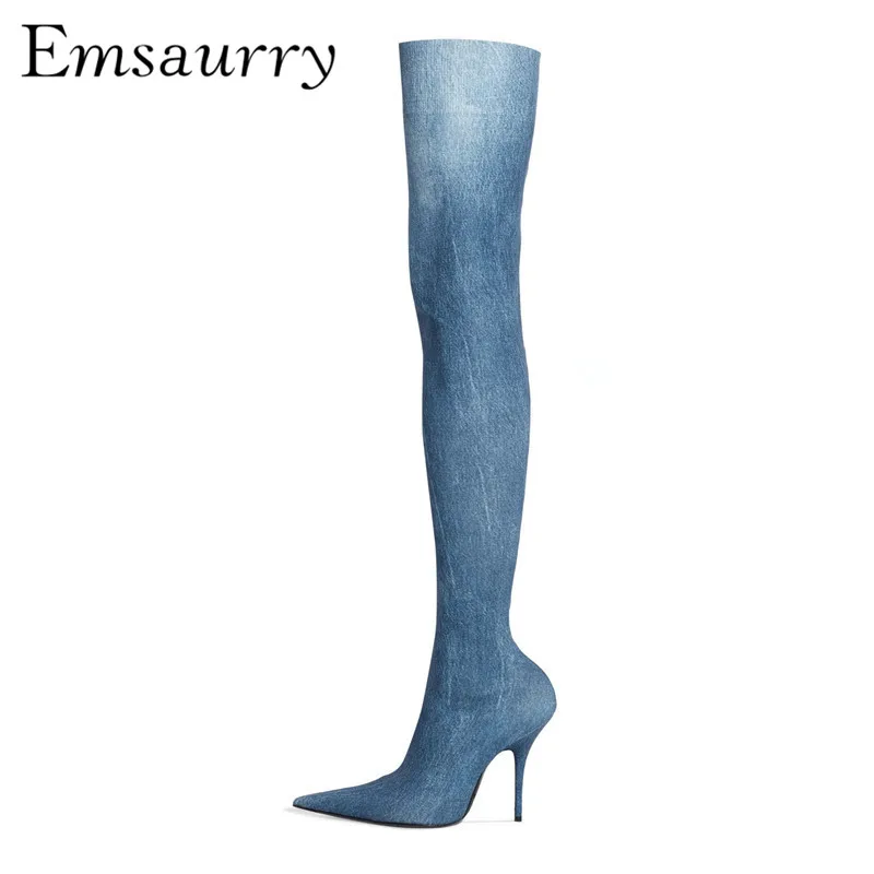 Shoes Woman Pointy Toes 7cm Stiletto Heel Slim Over The Knee Boots Stretch Denim Blue Jeans Thigh High Boots
Shoes Woman Pointy Toes 7cm Stiletto Heel Slim Over The Knee Boots Stretch Denim Blue Jeans Thigh High Boots