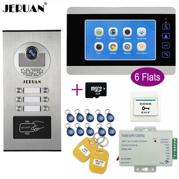 

JERUAN Apartment 7`` Video Doorbell Door Phone Video/Voice Record Intercom System Kit HD RFID Access Camera For 6 Households+8G