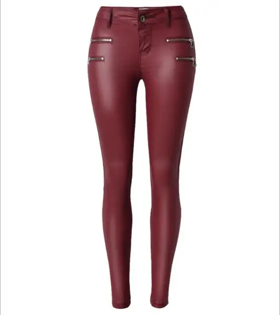 

2019 Elastic Faux Leather Pants Women Skinny Low Waist Slim Pu Leather Trousers Female Fake Zippers Wine Red Pencil Pants D62