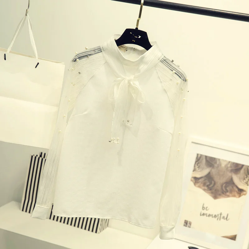 

Elegant Organza Bow Pearl White Blouse Spring Autumn Casual Fashion Chiffon Shirt Women Tops Blusas Femininas T5N215
