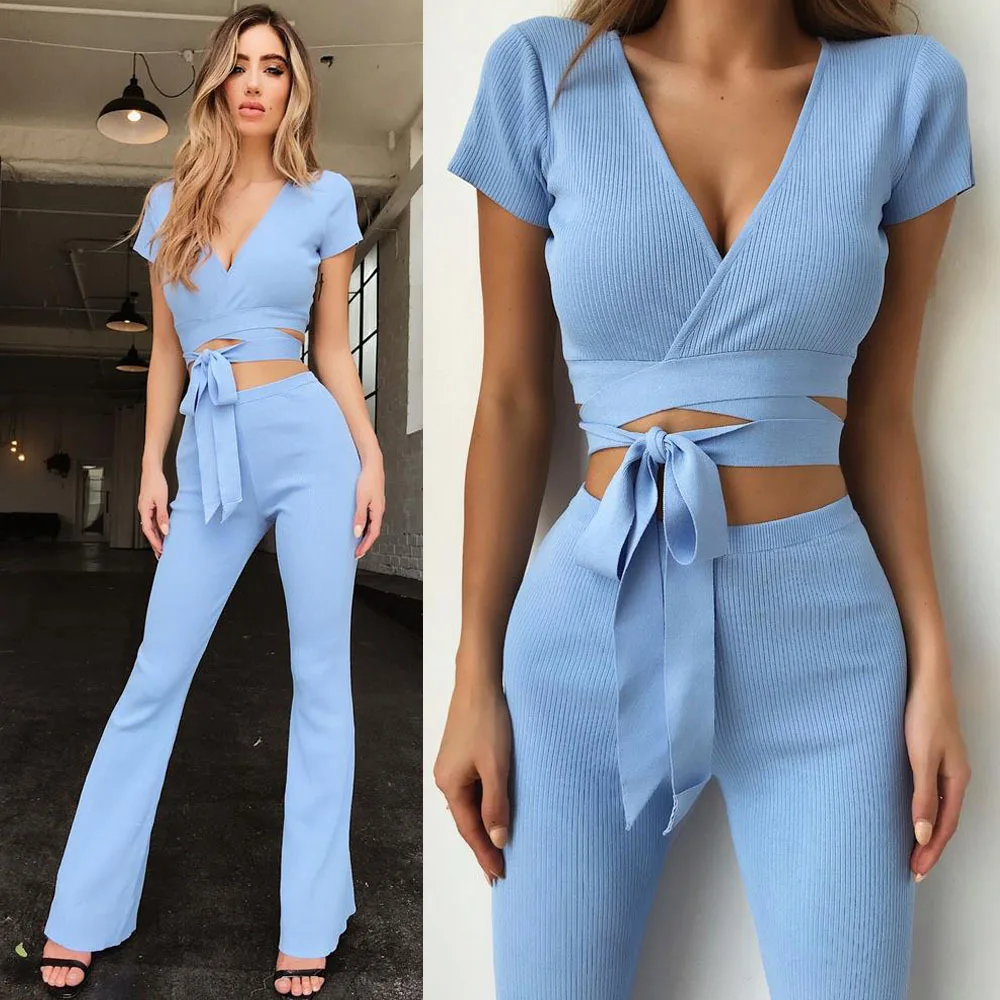 2019 V Neck Bandage Women Sets Blue Long Sleeve Crop Tops + Bodycon Flare Pants Two Piece Sets 2 Piece Sets Womens Outfits
2019 V Neck Bandage Women Sets Blue Long Sleeve Crop Tops + Bodycon Flare Pants Two Piece Sets 2 Piece Sets Womens Outfits