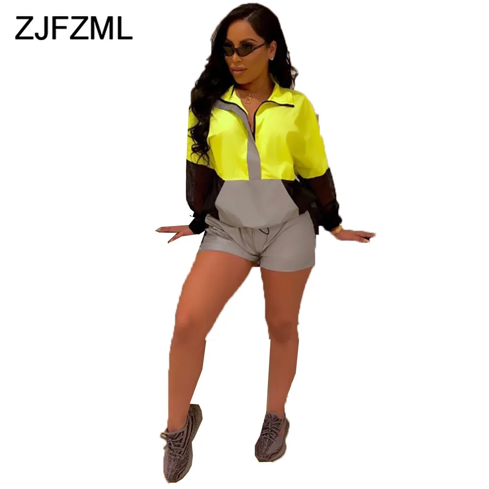 Reflective Two Piece Set Tracksuit For Women Turn Down Collar Long Sleeve Top And Biker Short Sexy Color Block 2 Pcs Club Outfit
Reflective Two Piece Set Tracksuit For Women Turn Down Collar Long Sleeve Top And Biker Short Sexy Color Block 2 Pcs Club Outfit