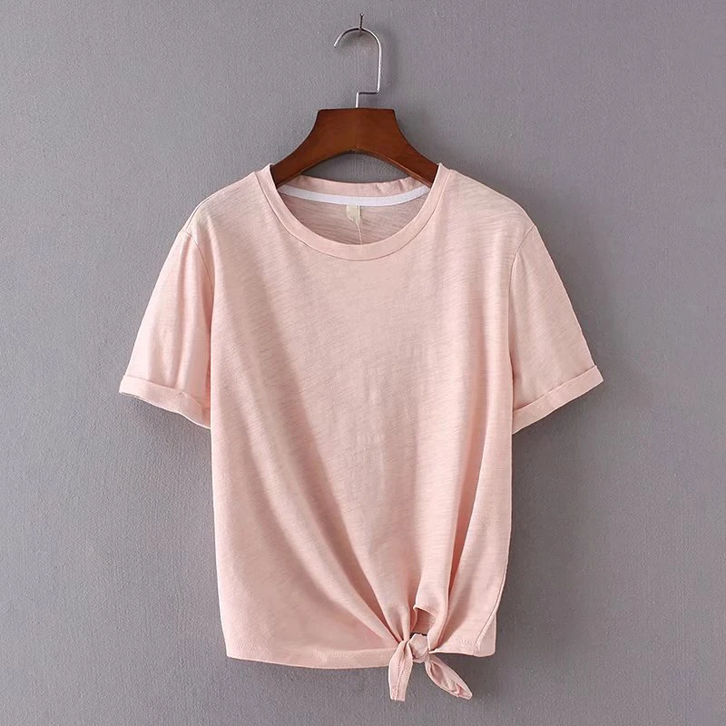 2018 Fashion Women Knotted hem knitting T-shirt Summer style Casual Short sleeve O-Neck Solid color Tops Femme Tee Shirt
2018 Fashion Women Knotted hem knitting T-shirt Summer style Casual Short sleeve O-Neck Solid color Tops Femme Tee Shirt