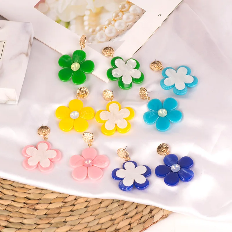GuanLong Vintage Long Acrylic Flower Earrings for Women Big Metal Resin Dangle Drop Earings for Girls Fashion Jewelry Brincos (2)
