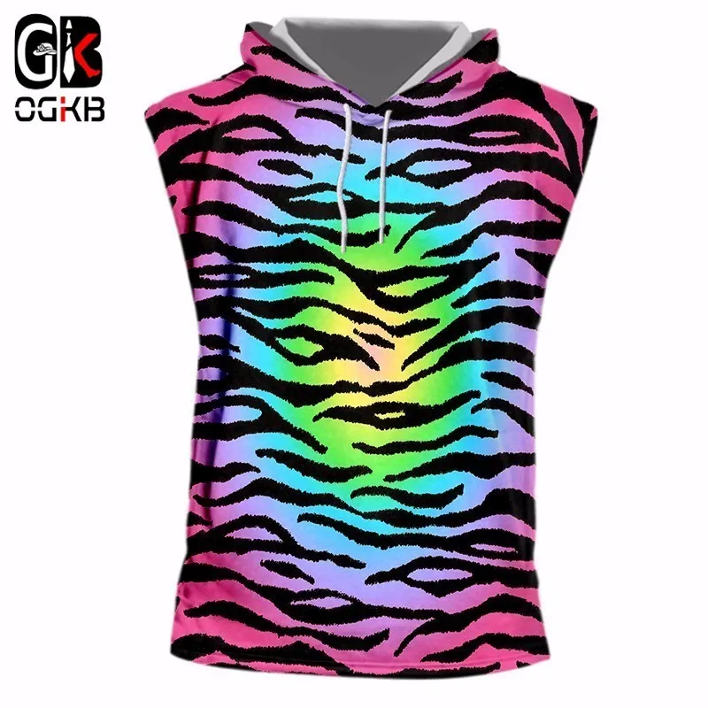OGKB Summer Tops Cool Tank Top With Hood Print Colorful Leopard 3D Hooded Vest Singlets Man Hiphop Sleeveless Hoodies Pullovers | Мужская