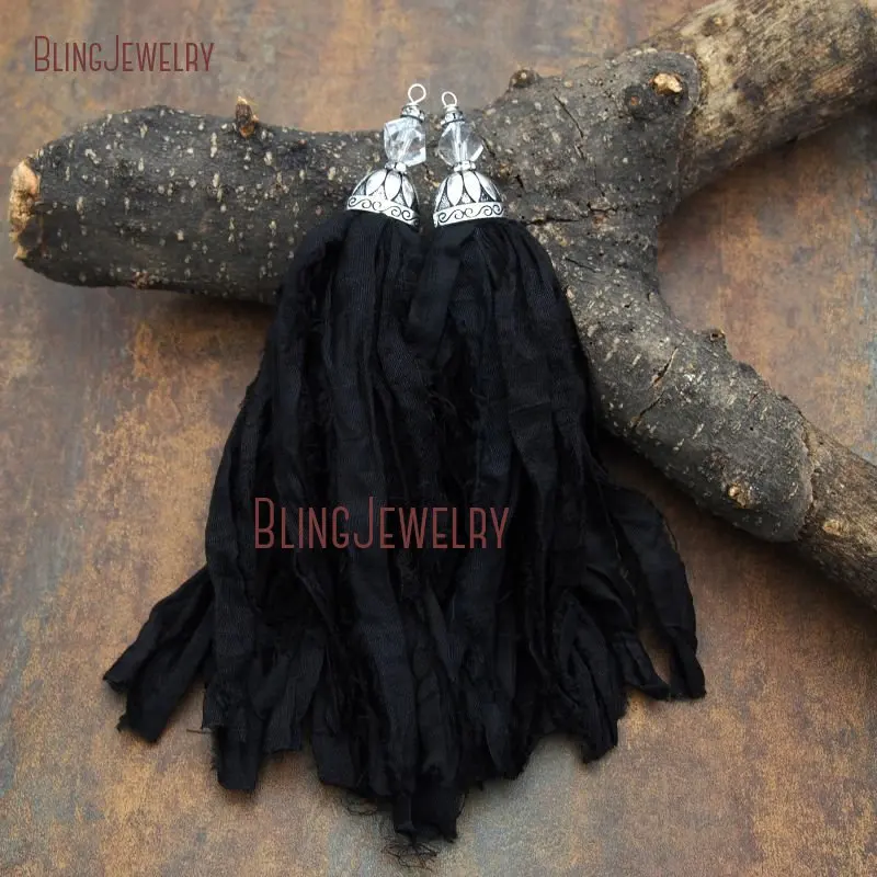20171213-PM7909- Antique Silver Black Sari Silk Tassel Pendant_2