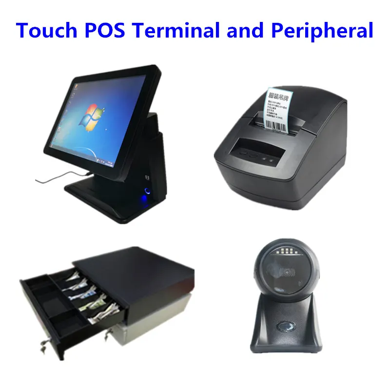 

15" Touch Screen POS Termainal Machines Systems Cash Drawer 58mm Thermal Label & Receipt Printer 1D&2D Barcode Scanner Platform