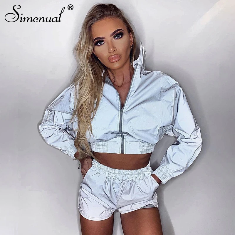 

Simenual Reflective Fashion Women Two Piece Set Long Sleeve 2019 Autumn Outfits Casual Sporty Workout Jacket And Shorts Set Slim