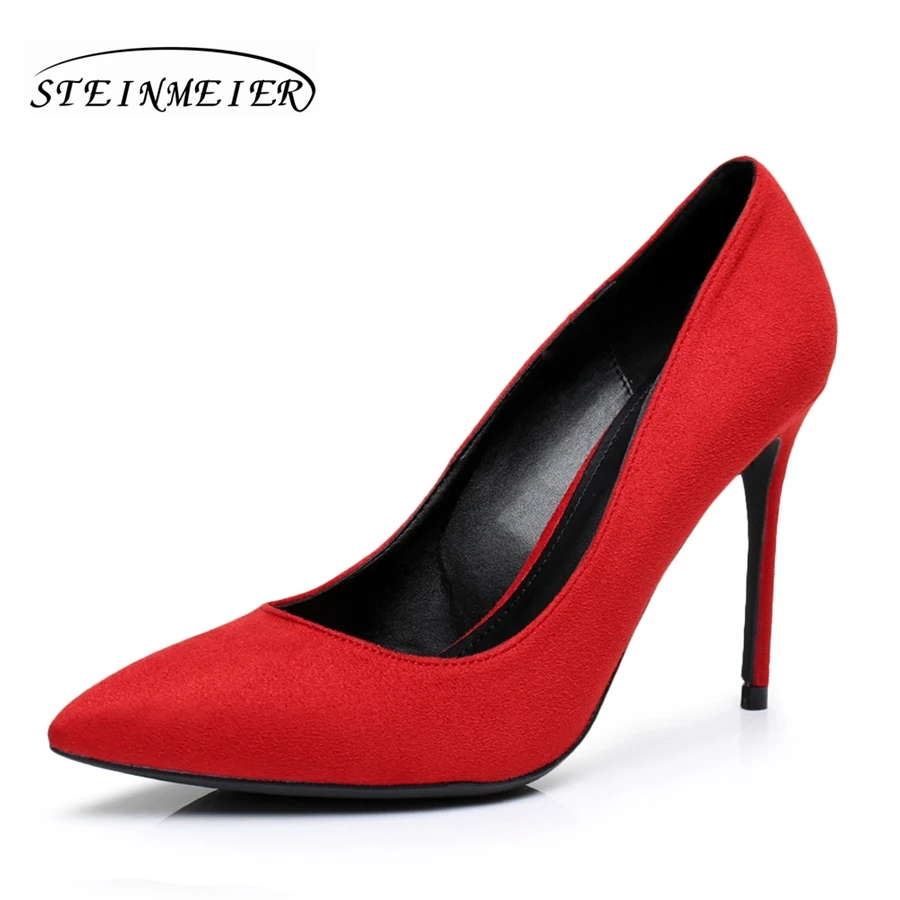 Image High heels women suede pumps sexy thin heels 10cm 12cm lady single shoes red US7 party shallow mouth lady wedding heels shoes