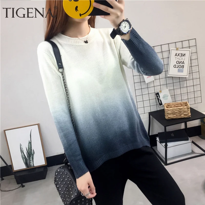 Tigena градиентный цвет 2019 осень зима пуловер свитер женский джемпер с круглым