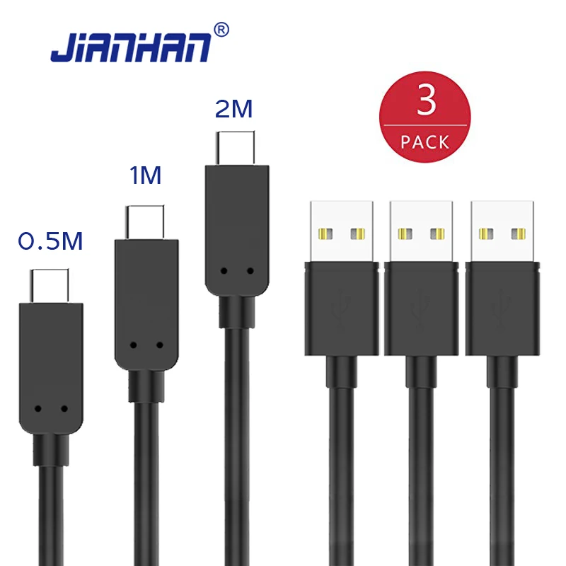 

JIANHAN 3 Pack Reversible Type C TPE USB Cable USB C 0.5M/1M/2M For Samsung S8 Huawei Honor Macbook Fast Charging Data Charger