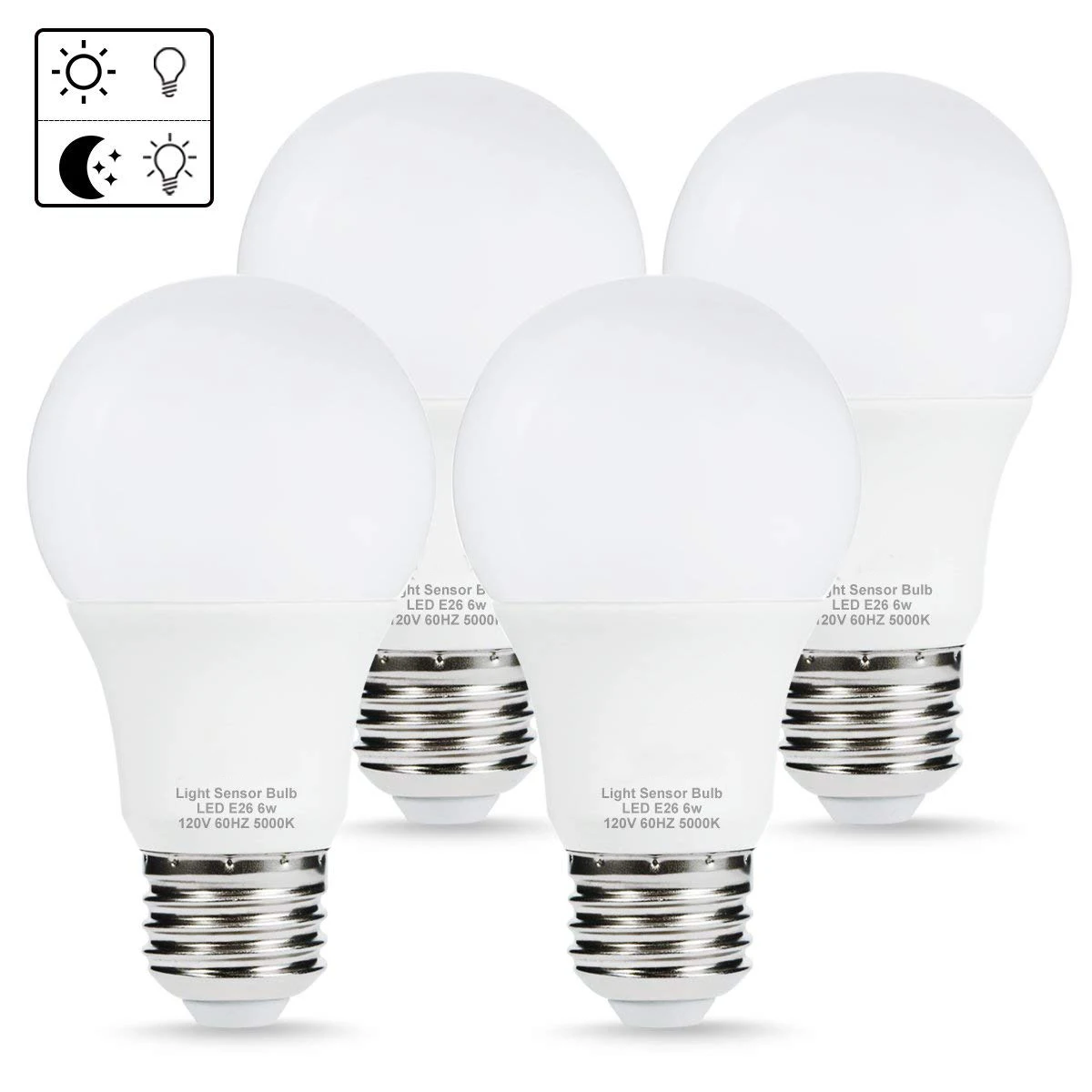 Sensor Led Bulb Porch Light Dusk Till Dawn A19 6w Daylight 5000k E26 Auto On Off Smart Indoor Outdoor Lamp Garage Hallway 4pack