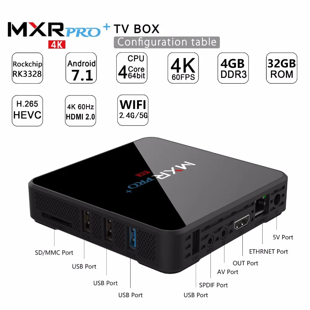 MXR PRO PLUS + Android 7.1 4GB RAM 32GB ROM Smart 4K TV Box RK3328 Quad-core 2.4G/5G Wifi BT 4.0 USB3.0 H.265 HDR10 Media
MXR PRO PLUS + Android 7.1 4GB RAM 32GB ROM Smart 4K TV Box RK3328 Quad-core 2.4G/5G Wifi BT 4.0 USB3.0 H.265 HDR10 Media