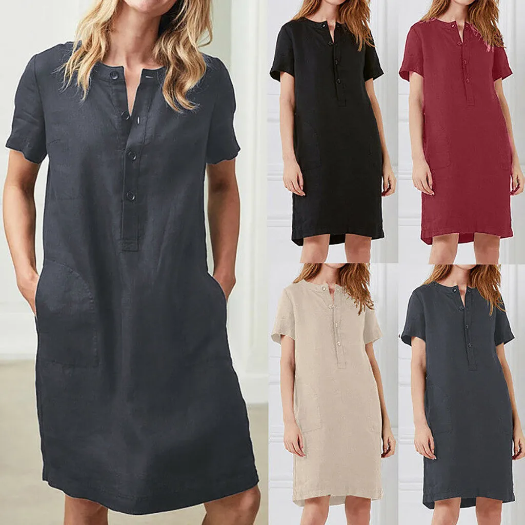 New Fashion Loose Solid Color Dress Women Summer Short Sleeve Linen Dress Loose A-line Party Sundress Button Dress ropa mujer#C
New Fashion Loose Solid Color Dress Women Summer Short Sleeve Linen Dress Loose A-line Party Sundress Button Dress ropa mujer#C