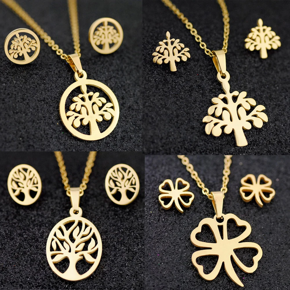 New Lucky Clover Life tree Necklace Earrings Jewelry Sets Stainless Steel Silver Gold Color Chain Jewelry Sets For Women
New Lucky Clover Life tree Necklace Earrings Jewelry Sets Stainless Steel Silver Gold Color Chain Jewelry Sets For Women