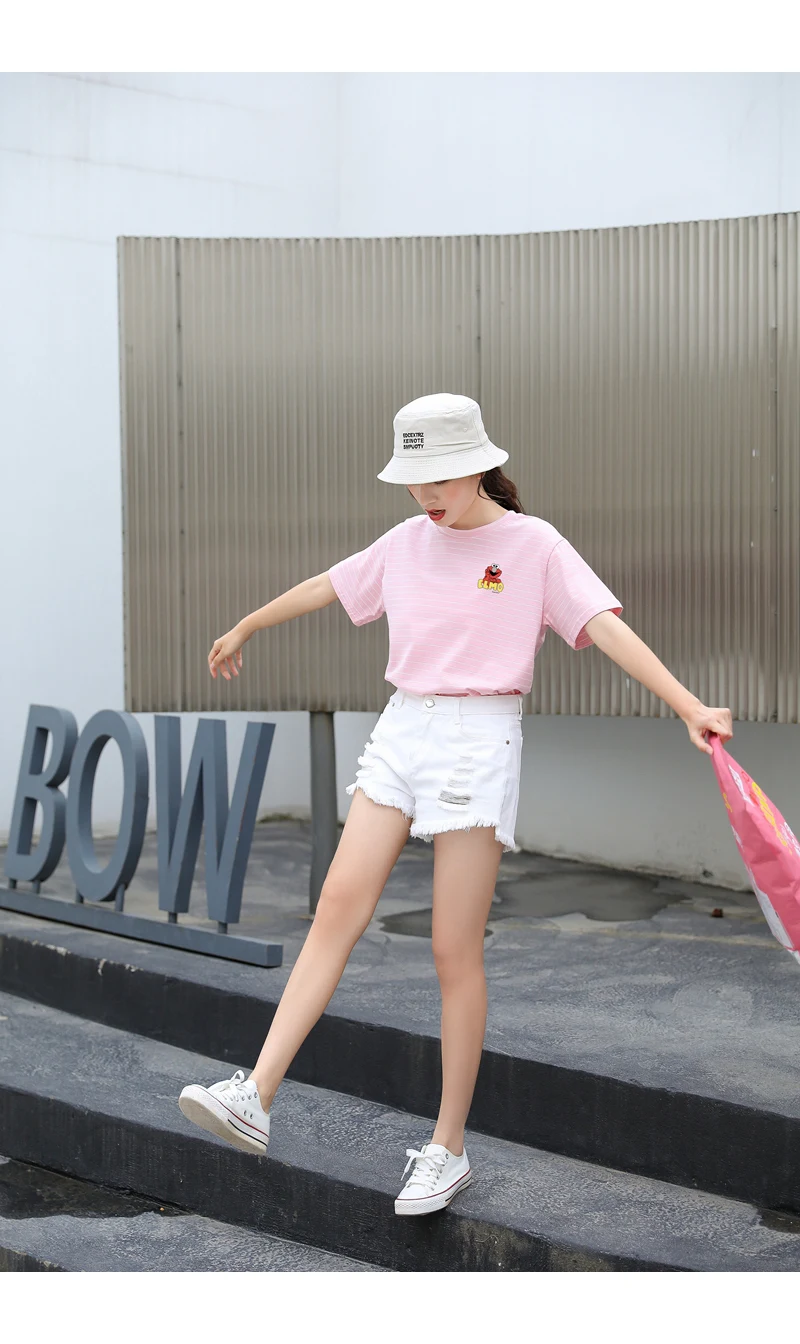 Sesame Street Elmo T Shirt Women Casual Harajuku Kawaii Cartoon Print Tshirt Loose Streetwear Tumblr Ulzzang Cotton Striped Tops (13)