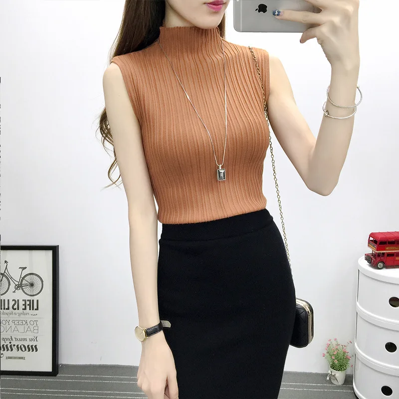 Summer Women Mock Neck Knitted Basic Top Turtleneck Sleeveless T Shirt Slim Knitted Vest Elegant Female Tee Knitwear
Summer Women Mock Neck Knitted Basic Top Turtleneck Sleeveless T Shirt Slim Knitted Vest Elegant Female Tee Knitwear