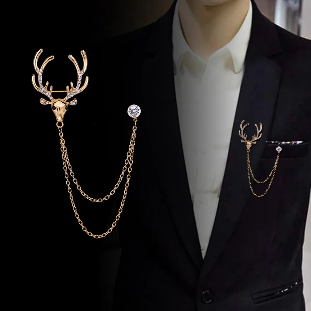 

Retro Christmas Elk Collar Pin Men's Suits Coats Fashion Classic Accessories Crystal Antlers Chain Brooch Christmas Jewelry Gift
