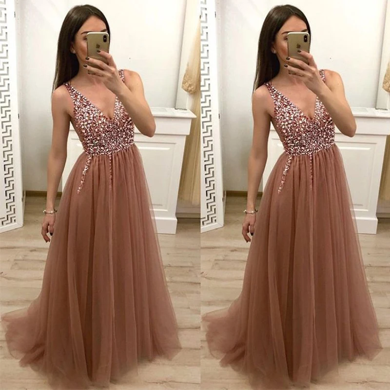 Long Prom Dresses Elegant Deep V-neck A-line Tulle Skirt Sequins Beading Brown Formal Party Dresses Evening Vestidos De Formal
Long Prom Dresses Elegant Deep V-neck A-line Tulle Skirt Sequins Beading Brown Formal Party Dresses Evening Vestidos De Formal