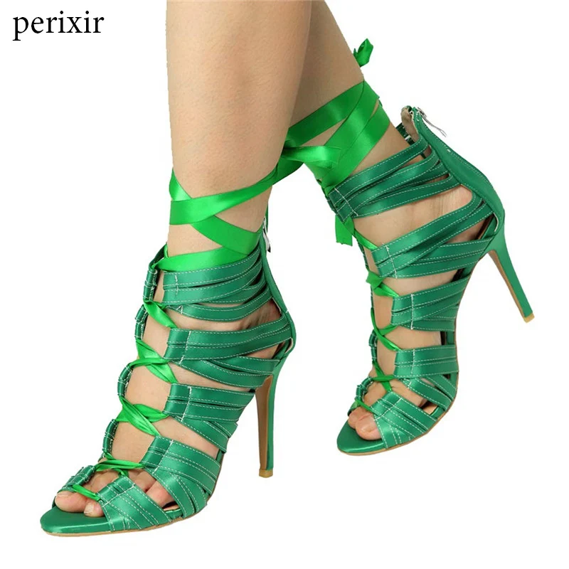 

Perixir Woman Roman Satin Lace-up Heels Sandals Peep Toe Cutout Caged Bandage Strappy Ribbon Stiletto Ankle Cross Tied Pumps