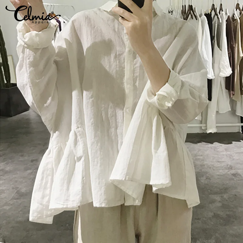 

Celmia 2019 Autumn Women Solid Blouse Tops Casual Sexy Lapel Buttons Loose Batwing Sleeve Ruffles Shirts Elegant Party OL Blusas