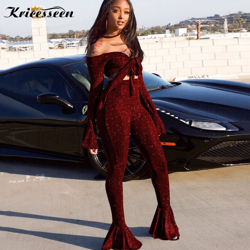 Kricesseen Sexy Flared Legs Two piece Pants Set Women Glitter Crop Top Bodycon Flare Bell Pants Set 2 Piece Outfits Clubwear
Kricesseen Sexy Flared Legs Two piece Pants Set Women Glitter Crop Top Bodycon Flare Bell Pants Set 2 Piece Outfits Clubwear