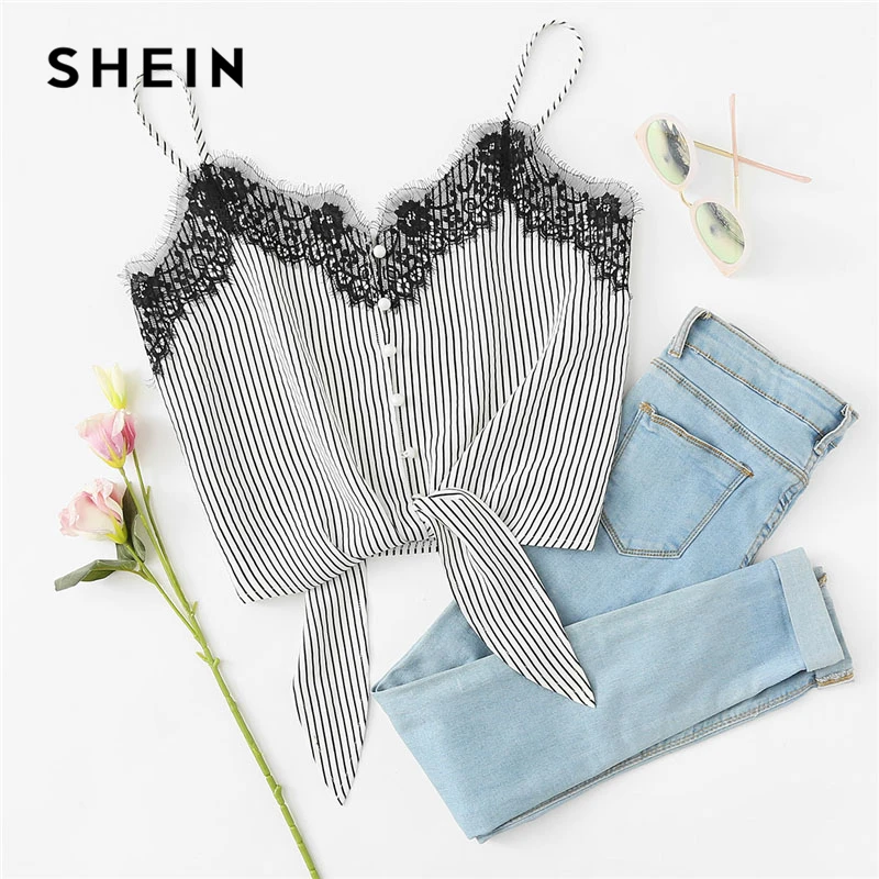 

SHEIN Lace Knot Front Striped Cami Top Women New Asymmetrical Spaghetti Strap Button Crop Top Vest 2018 Summer Sexy Vest
