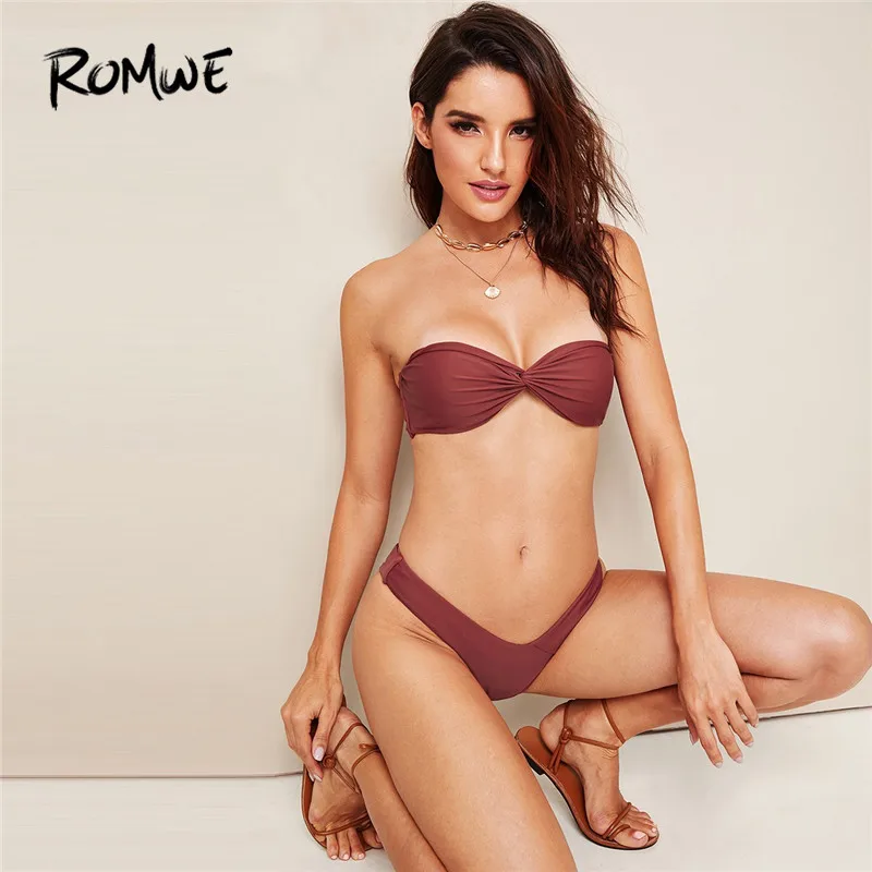 Romwe Sport Strapless Twist Bandeau With High Cut Bikini Set Rust Color Women Sexy Beach Vacation Pool Swimming Swimsuits
Romwe Sport Strapless Twist Bandeau With High Cut Bikini Set Rust Color Women Sexy Beach Vacation Pool Swimming Swimsuits