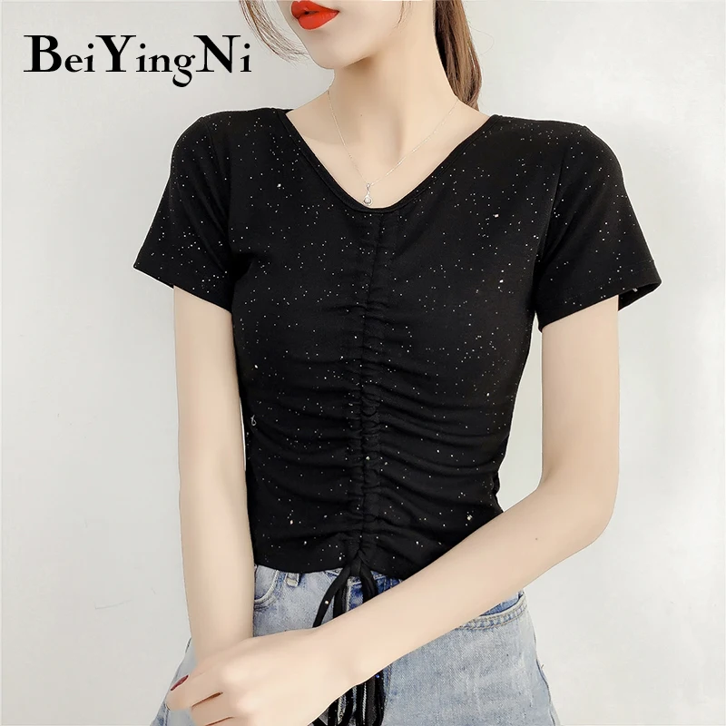 Beiyingni Short Sleeve Female T Shirt Sequin Drawstring Solid Sexy Casual Hipster Women T Shirts White Black Crap Tshirts Tops
Beiyingni Short Sleeve Female T Shirt Sequin Drawstring Solid Sexy Casual Hipster Women T Shirts White Black Crap Tshirts Tops