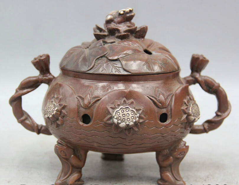 S5882 7" Chinese Purple Bronze Silver 3 Foot handle lotus Frog Incense Burner Censer D0318
S5882 7" Chinese Purple Bronze Silver 3 Foot handle lotus Frog Incense Burner Censer D0318